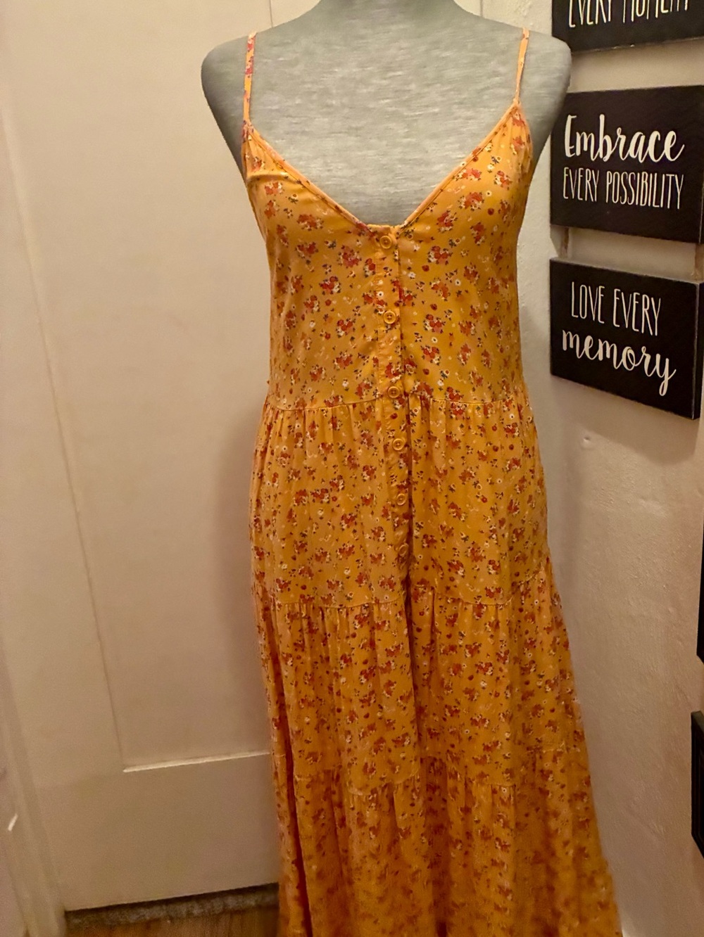 Women's Yellow Floral Maxi Dress with Spaghetti Straps
